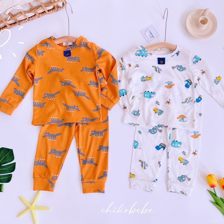 Bộ cotton bé trai dài tay phối khuy cho bé