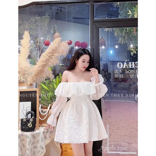 Đầm gấm bẹt vai phối tơ tay loe 2 màu đen / trắng angi home