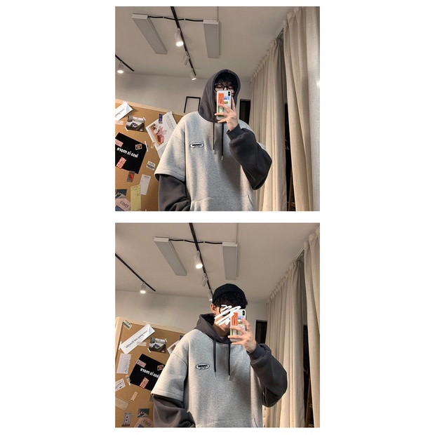 Áo Hoodie Dáng Rộng Giả Hai Lớp Thời Trang Nhật Bản Cá Tính Cho Nam