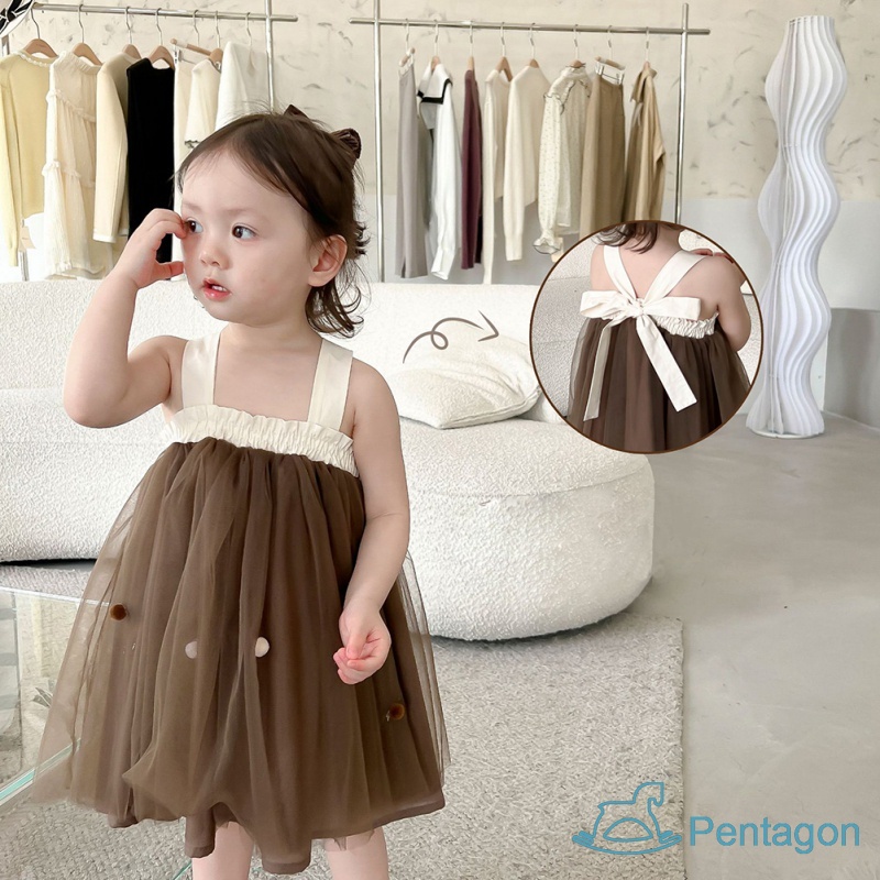 Đầm Lưới Công Chúa Hai Dây Thắt Nơ Lưng Màu Trơn Thời Trang Mùa Hè Cho Bé Gái