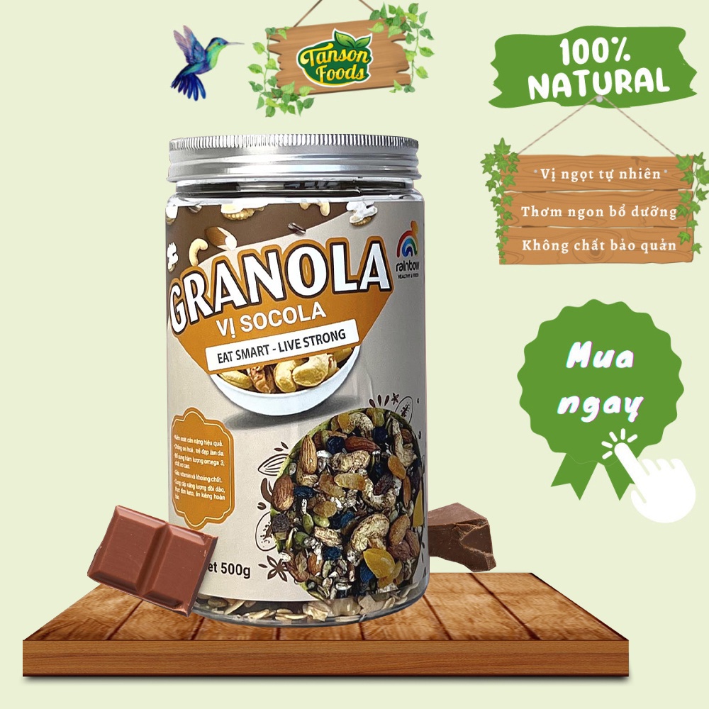 Granola, ngũ cốc siêu hạt dinh dưỡng, Rainbow, vị socola, không đường ngọt tự nhiên từ mật ong, 500g–Tân Sơn Foods