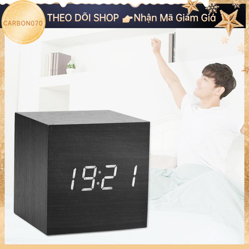 Carbon070 6x6x6cm bằng gỗ Báo thức kỹ thuật số điện tử Đồng hồ để bàn Nhiệt độ Màn hình LED Điều khiển giọng nói