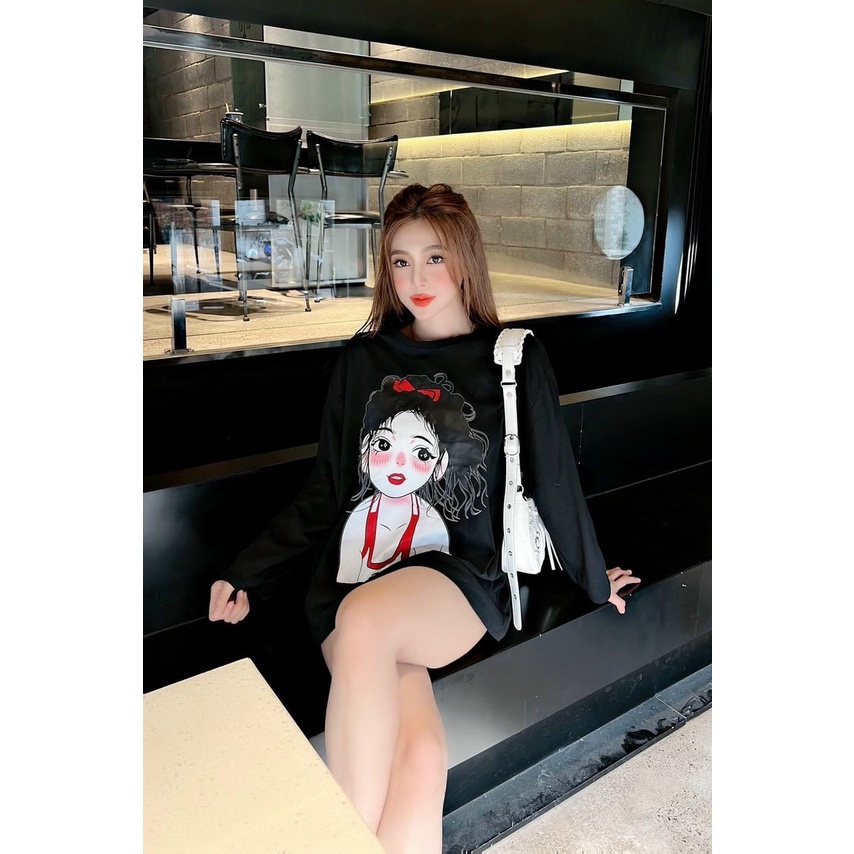 Áo Cotton Giấy From Rộng Cổ Tròn Tay Dài Phối In Hình Cô Gái Đáng Yêu TTSLA1001