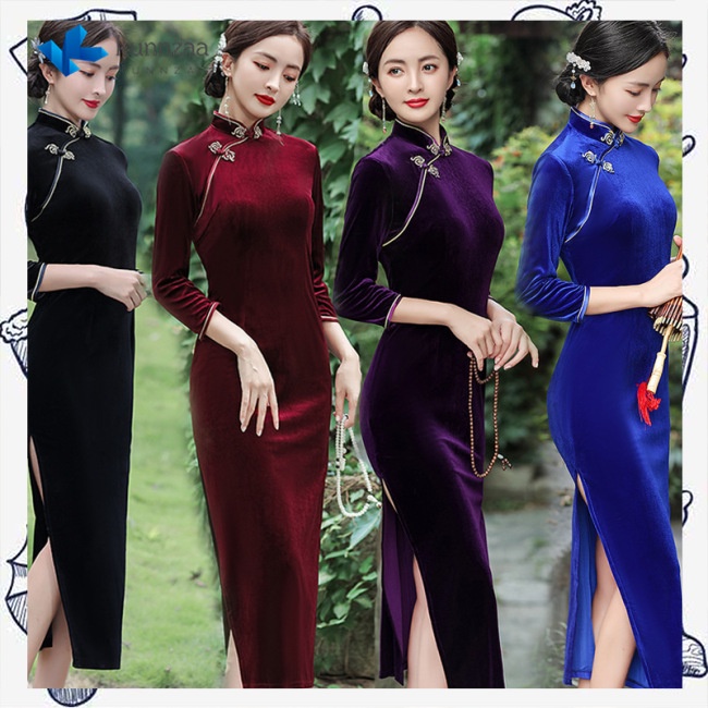 Đầm Sườn Xám Nhung Cổ Đứng Màu Trơn Phong Cách Retro Thanh Lịch Cho Nữ