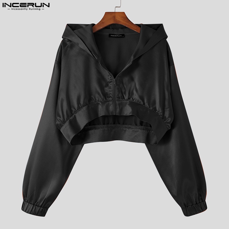 Áo khoác INCERUN tay dài có mũ trùm khóa kéo thời trang cho nam