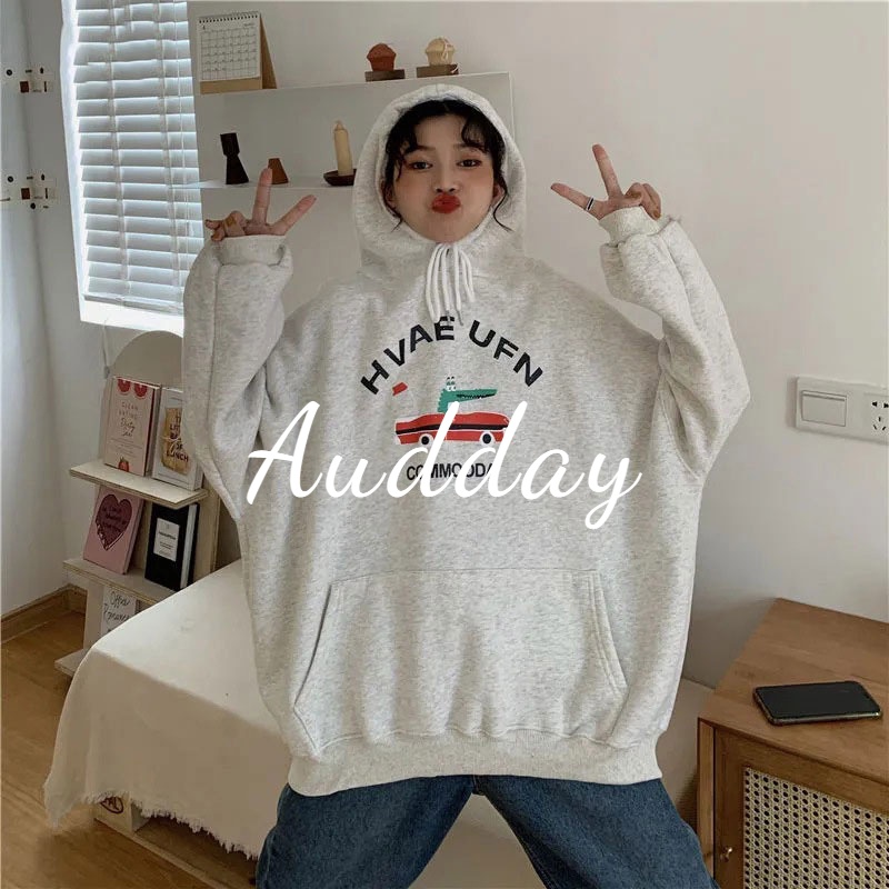 Audday Áo Hoodie Tay Dài Dáng Rộng In Họa Tiết Sáng Tạo Đơn Giản Thời Trang Phong Cách Hàn Quốc Cho Nữ