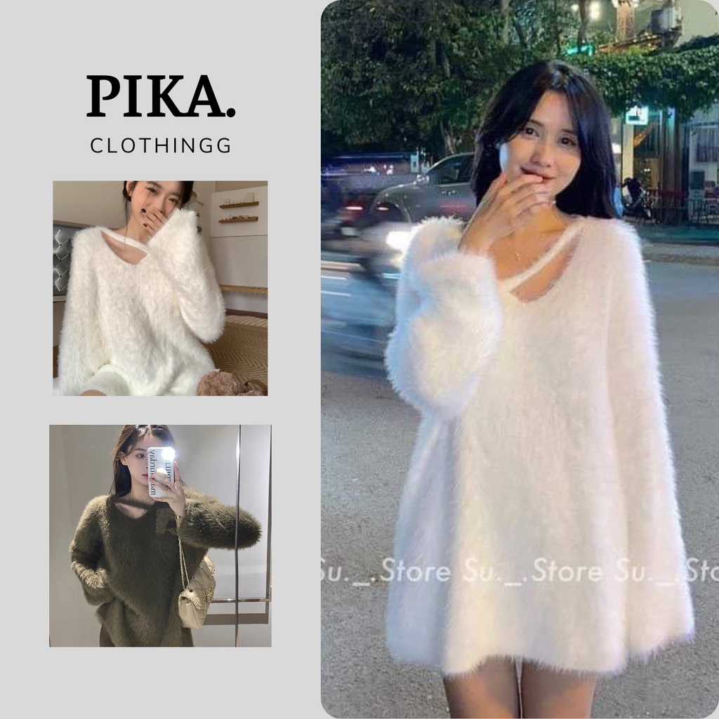 Áo len lông thỏ dáng dấu quần PIKA.CLOTHINGG lệch vai, Váy len lông thỏ hàn quốc màu trắng rêu hàng quảng châu