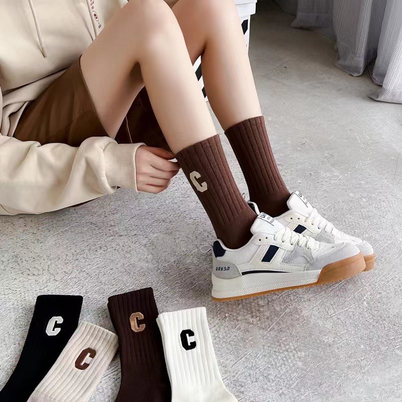 Sét 5 Đôi Tất Nữ Cổ Cao Tông Nâu Phong Cách Hàn Quốc. Chữ C