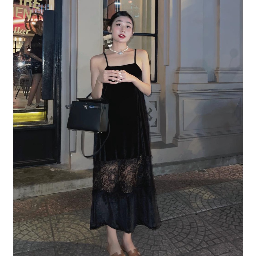 Đầm dây nhung phối ren