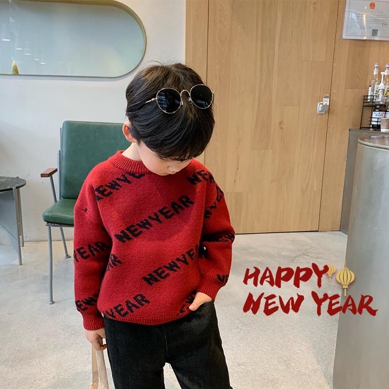 Áo Sweater Dệt Kim Tay Dài Cổ Tròn Màu Đỏ Phong Cách Trung Hoa Mừng Năm Mới