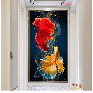 Tranh đính đá, tranh thêu chữ thập cá chép hóa rồng 90cm x 50cm
