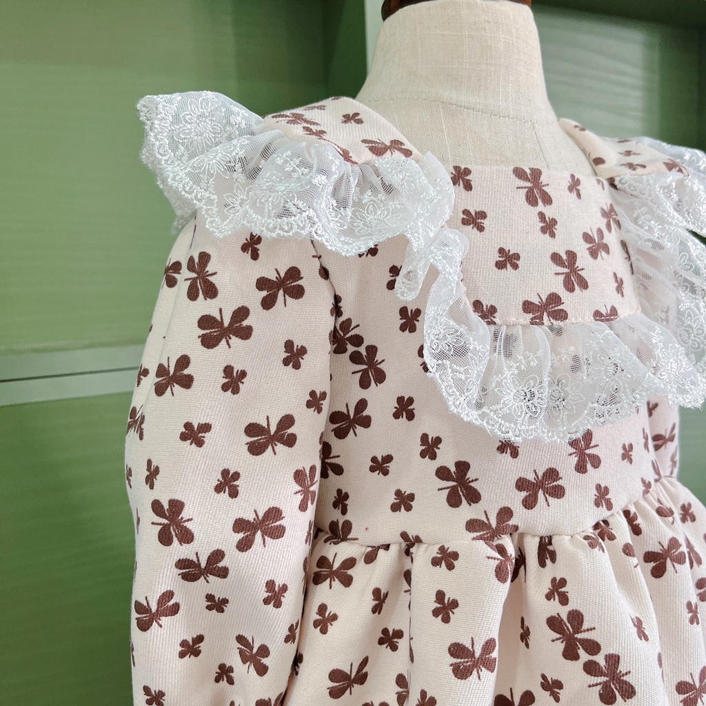 Váy thu đông cho bé gái từ 8-32kg chất nhung họa tiết hoa nâu kèm ren ngực