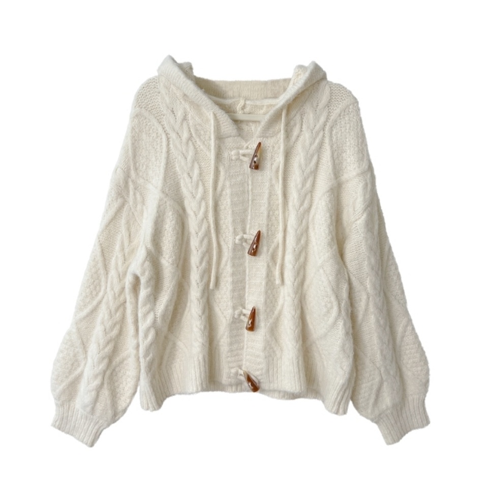 Áo Khoác Sweater Có Mũ Trùm Dáng Rộng Mềm Mại Màu Trắng Sữa Cài Nút Kiểu Retro Thời Trang Thu Đông Cho Nữ