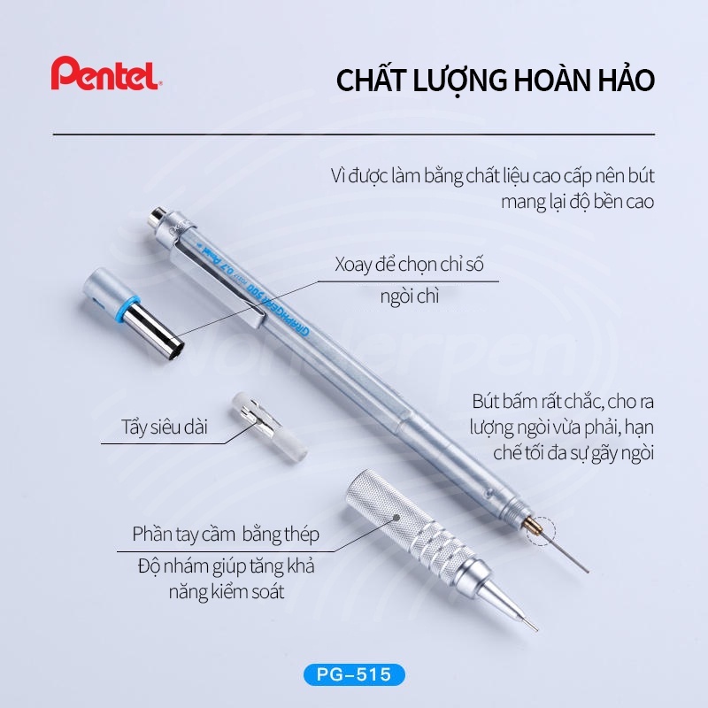 Bút chì kim cơ khí Pentel GRAPHGEAR 500 size ngòi 0.3/ 0.5/ 0.7/ 0.9mm- Chính Hãng