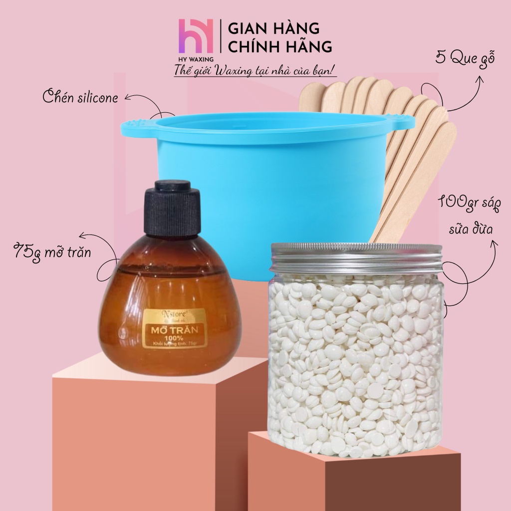 [CHE TÊN] Combo 100gr Sáp Dừa Cao Cấp + Chén Nấu Sáp Wax Lông Silicone + Mỡ Trăn HY WAXING Tặng Que