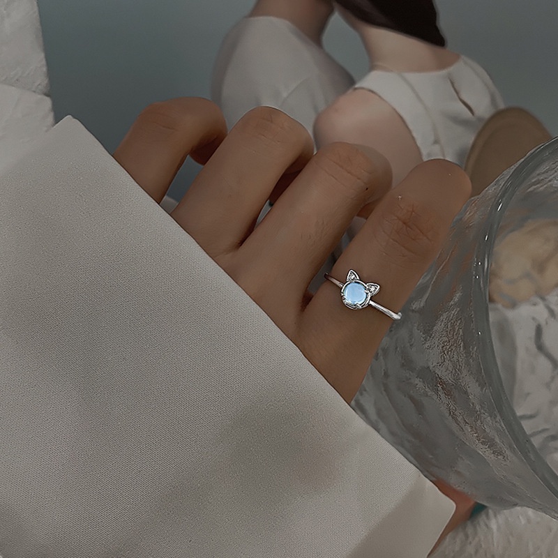 (0789) Nhẫn Đeo Tay Mèo Đá Trong Ánh Xanh