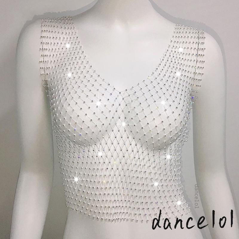 Lưới Ba Lỗ Đính Đá Sáng Bóng Cổ Tròn / Cổ Chữ V Không Tay Co Giãn Dành Cho Bạn Nữ