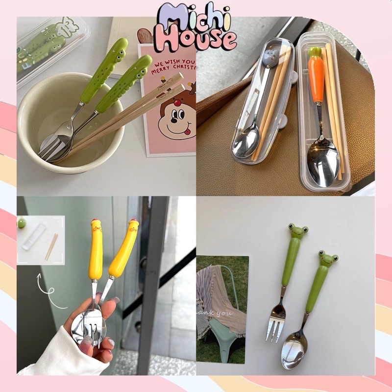 Bộ Muỗng Đũa Cá Nhân Kèm Dĩa và Hộp Đựng Cao Cấp Hình Vịt Cute, Bộ Thìa Đũa , Hộp Muỗng Đũa Văn Phòng