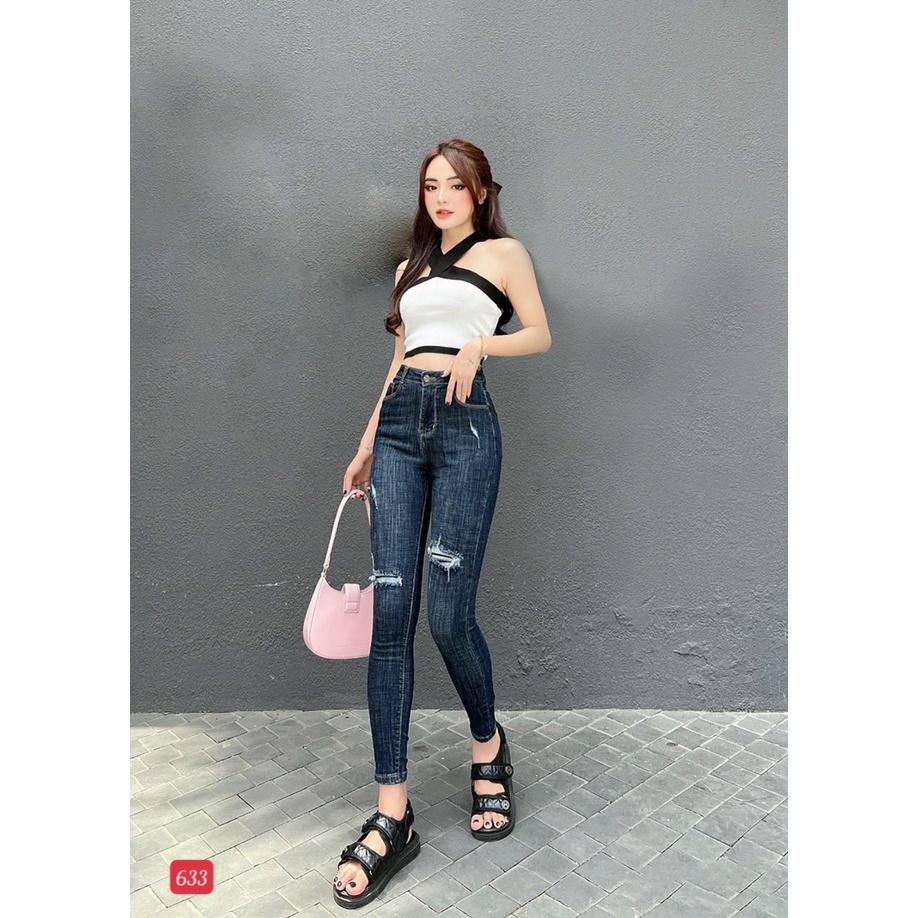 Quần jeans nữ lưng cao màu xanh kiểu rách vải denim co dãn cao ôm dáng, Quần dài jean nữ co dãn  T-Fashion Shop QN633
