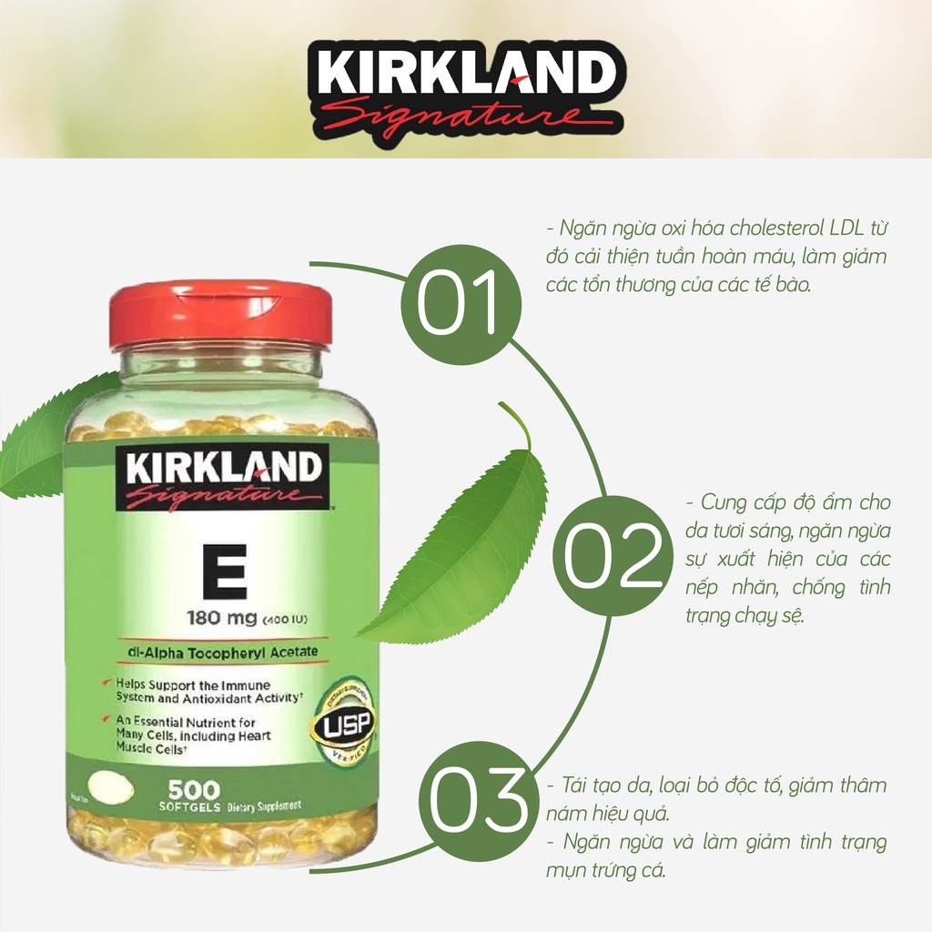 Vitamin E Kirkland Signature 400 IU của Mỹ lọ 500 viên hỗ trợ làm đẹp, dưỡng ẩm cho da