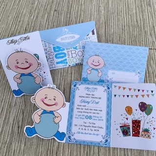 Thiệp thôi nôi, đầy tháng, sinh nhật cho bé trai - thiệp thôi nôi màu xanh im 1801-e