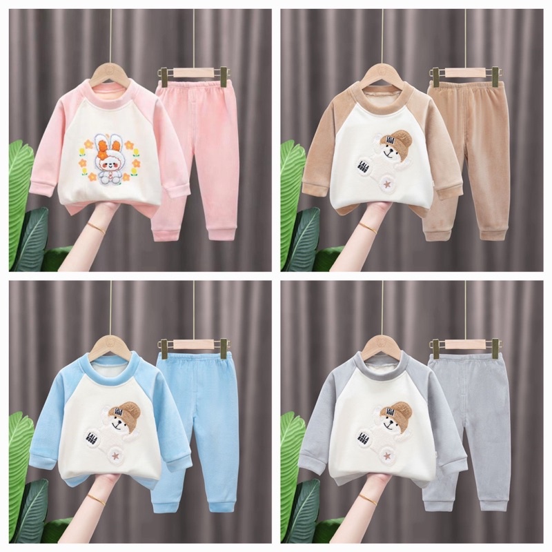 Bộ nhung siêu vip thêu gấu thỏ cao cấp lót lông nhung dày ấm hàng quảng châu cho bé 7-30kg