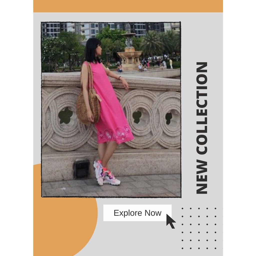 Đầm Midi nữ màu hồng kèm họa tiết chân váy - Dáng suông dài có túi bên hông dễ thương