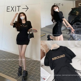 Đầm body thun gân in chữ hở lưng đan dây 2 bên eo freesize Pumi