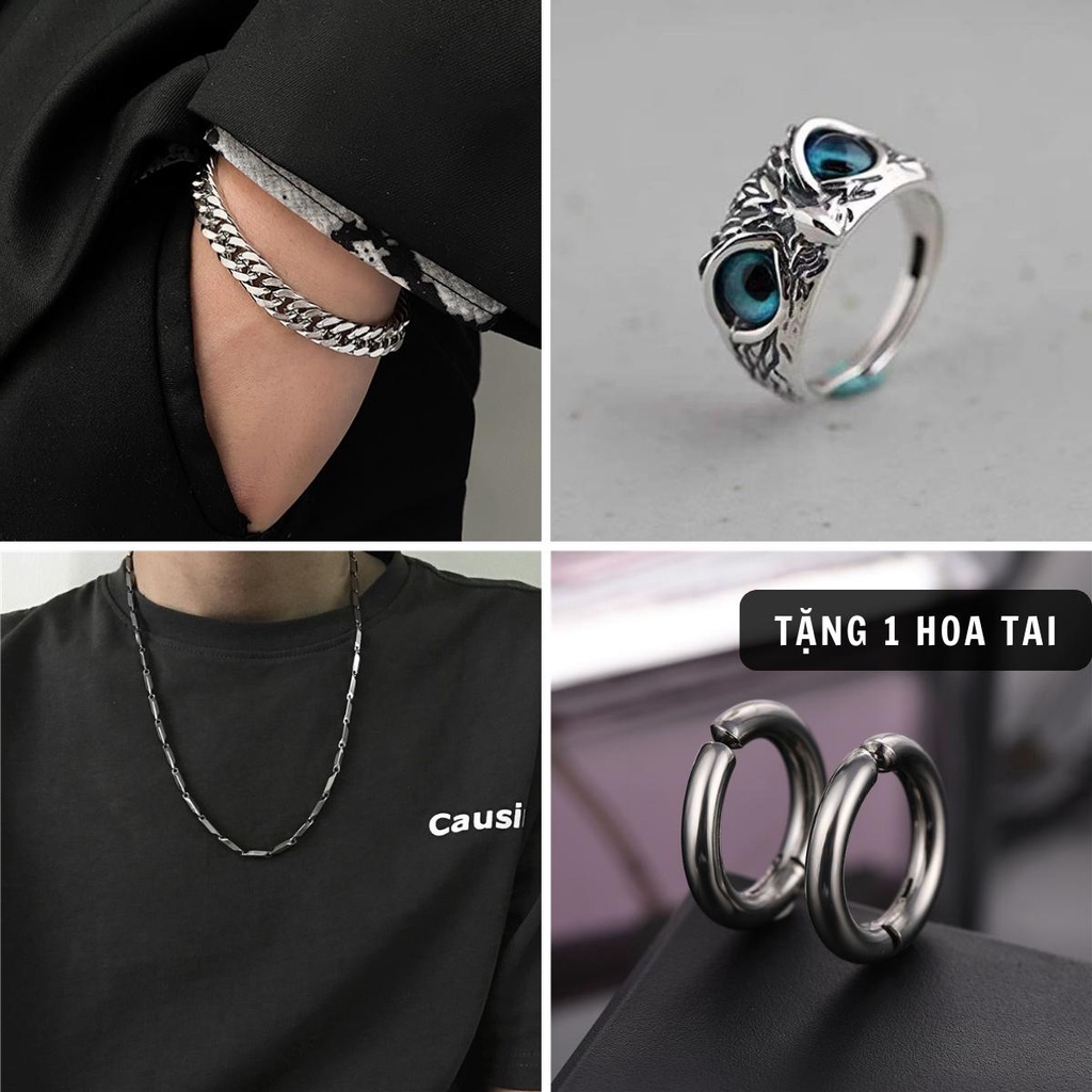 Combo Nhẫn Eagle + Vòng tay TIN + Vòng cổ xích trơn (tặng 1 chiếc hoa tai kẹp tròn)