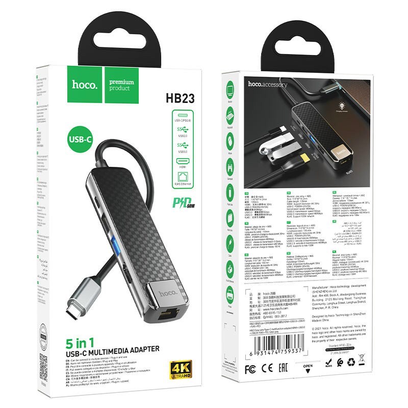 Hub chuyển TYPE-C Sang HDMI, USB 3.0, Ethernet và TYPE-C PD 67W hỗ trợ Samsung DEX, MAC OS, WINDOWS Hoco HB23