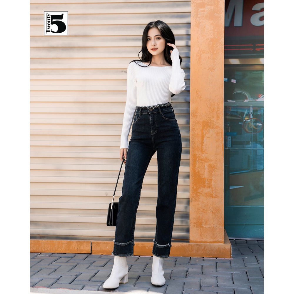 Quần jeans nữ vải dày ống suông rộng cạp cao gấu tua rua cá tính Twentyfive 4273