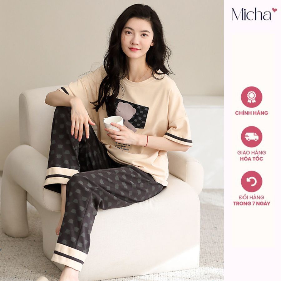 Đồ bộ ngủ nữ mặc nhà cao cấp quần dài xám áo cộc tay be cotton hình gấu đáng yêu D74 MICHA