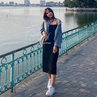 H.A.N STORE  Váy 2 Dây Thun Basic Đầm nữ dáng dài chất thun co giãn, màu đen trơn basic