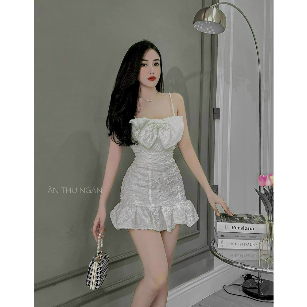 Váy đầm nữ 2 dây ôm body họa tiết xòe nơ ( có mút ngực ) phối gấm xòe bèo tôn dáng quý phái dự tiệc đi chơi