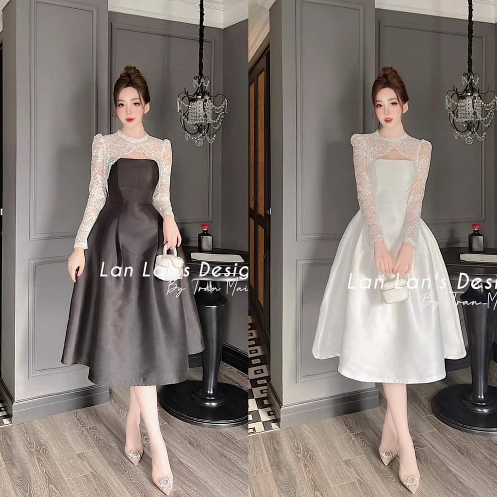 đầm tiểu thư phối ren dài tay - váy dự tiệc maxi dáng xòe phối ren dài tay váy cưới , hàng thiết kế