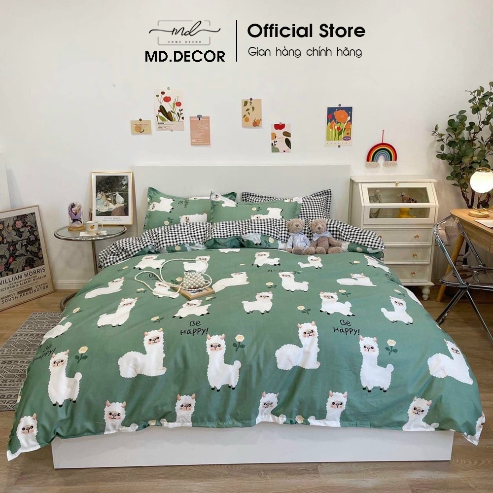 Bộ chăn ga gối cotton poly 5 món chần bông MD.Decor - Bedding họa tiết cừu xanh dễ thương nhiều kích thước ra nệm m6 m8