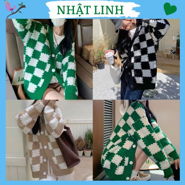 Áo cardigan áo khoác len nữ kẻ caro xanh trắng kiểu dáng xinh xắn NHẬT LINH - A165