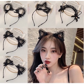 Cài Tóc Tai Mèo Cosplay Đính Nơ , Băng đô Tai Mèo Ren Nhún Dễ Thương Kiểu Ulzang Hàn Quốc