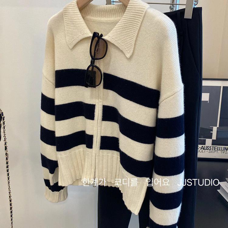 Áo Khoác Cardigan Dệt Kim Họa Tiết Kẻ Sọc Phối Khóa Kéo Thời Trang Thu Đông Cho Nữ