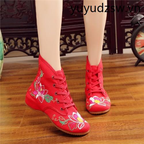 Giày Bốt Vải Cotton Lông Cừu Ấm Áp Thêu Họa Tiết Thổ Cẩm Kiểu Bắc Kinh Cổ Điển Thời Trang Cho Nữ