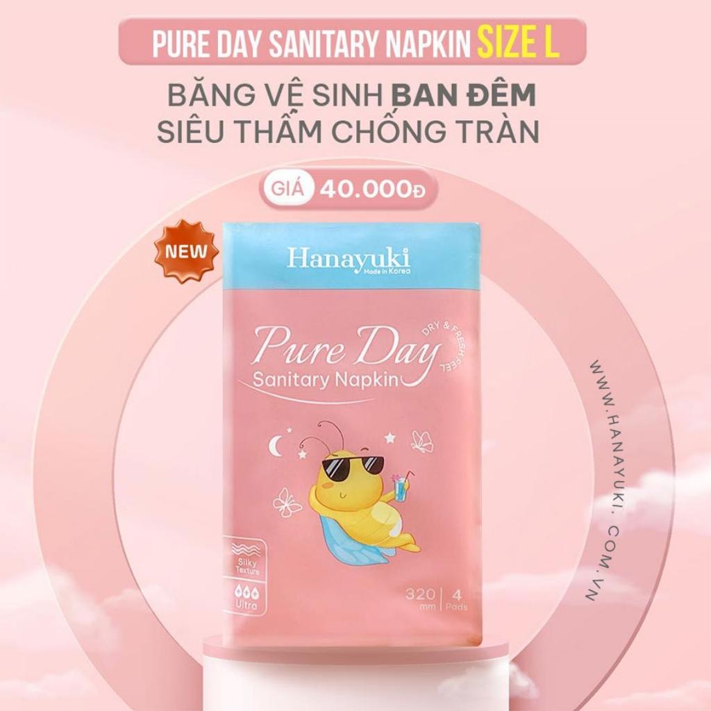 Băng Vệ Sinh Ban Đêm Pure Day Sanitary Napkin Siêu Thấm Chống Tràn Gói 4 Miếng Có Cánh Size L Hanayuki Chính Hãng