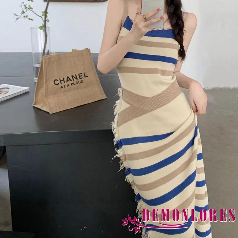 Đầm Dài Dệt Kim Không Tay Họa Tiết Kẻ Sọc Thời Trang Mùa Hè Dành Cho Nữ