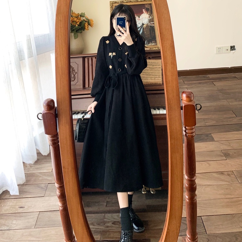 IELGY  Đầm Cổ Chữ V Chất Liệu Vải Nhung Kẻ Họa Tiết Thêu Hoa plus size Cho Nữ