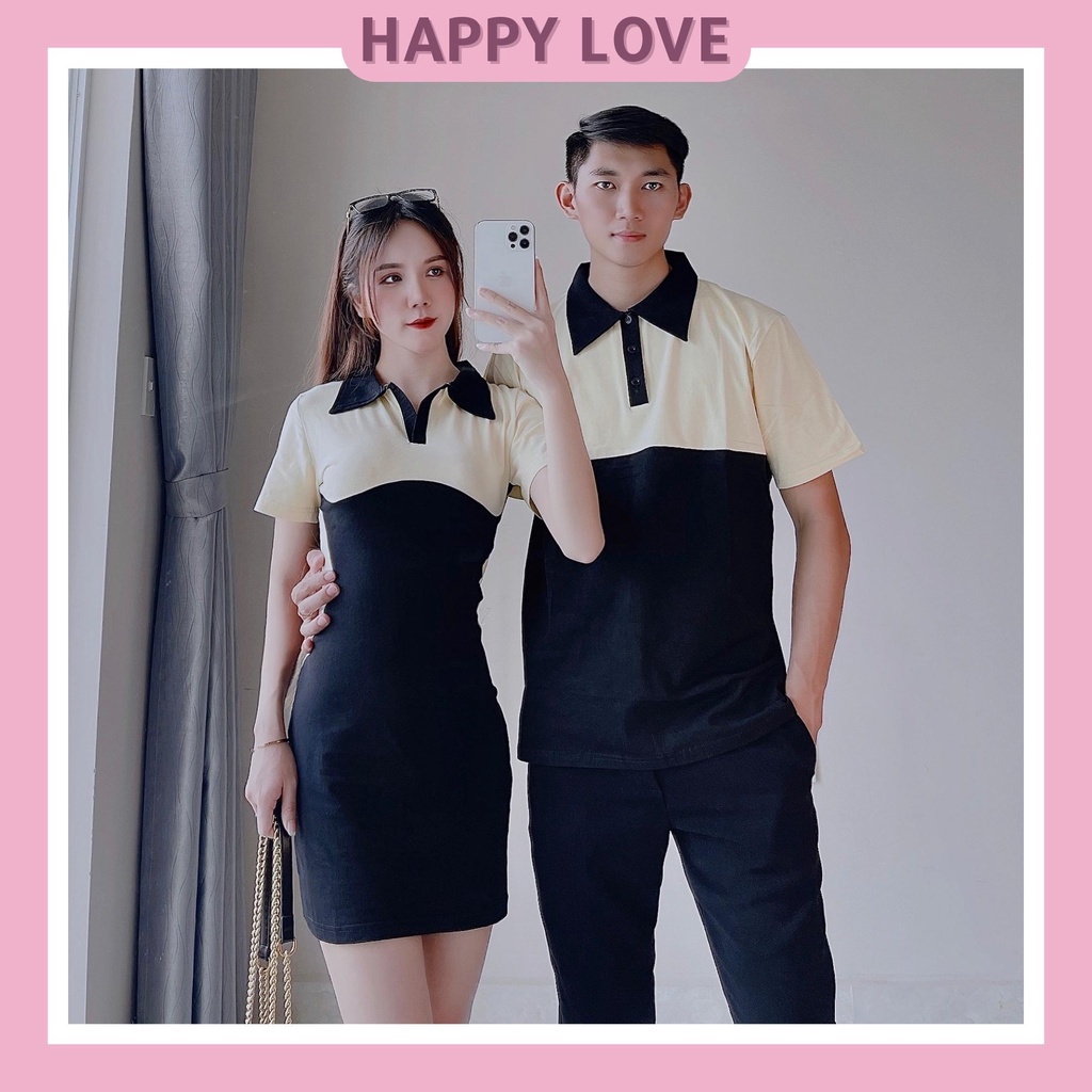 Set Đồ Đôi Couple Áo Polo Nam Váy Nữ Ôm Body QUẢNG CHÂU L1 Màu Đen Phối Be Cực Đẹp Chất Cotton Cao Cấp HAPPYLOVE H40