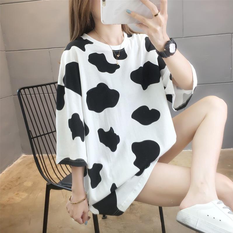 Áo thun cotton tay lỡ Unisex, Áo Thun phông form rộng TAY LỠ Dáng Dài Họa Tiết Bò Sữa Thời Trang Mùa Hè 2021 *