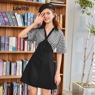 Lovito BACK TO SCHOOL Preppy Nút kẻ sọc phía trước Khâu tương phản Cổ áo phụ nữ A-Line Váy phụ nữ L32EE003 (Đen)