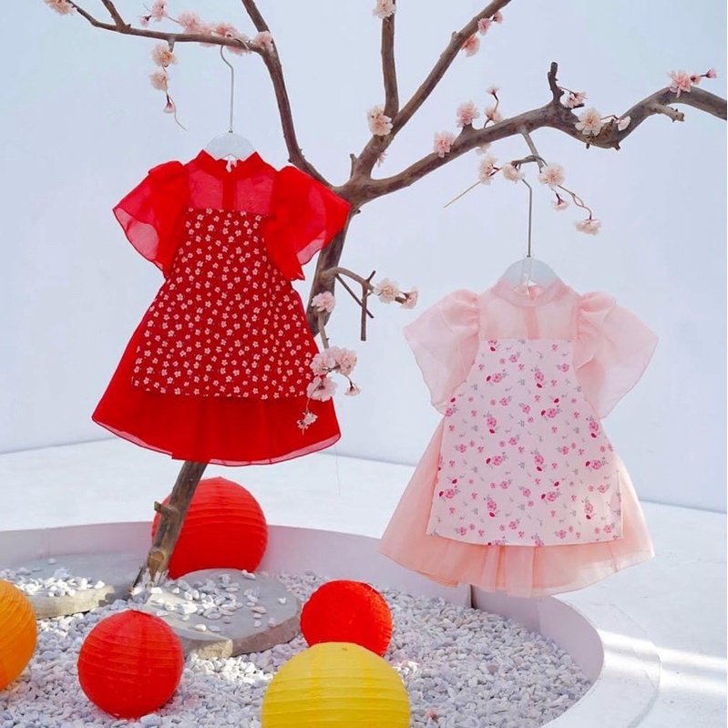 Áo dài cách tân hoa nhí tay bồng siêu xinh cho bé gái từ 9 -30kg