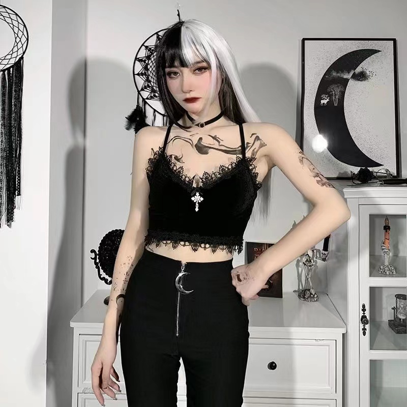 Áo Crop Top Nhung Y2K Mall Goth Màu Đen Phối Ren Gợi Cảm Cho Nữ