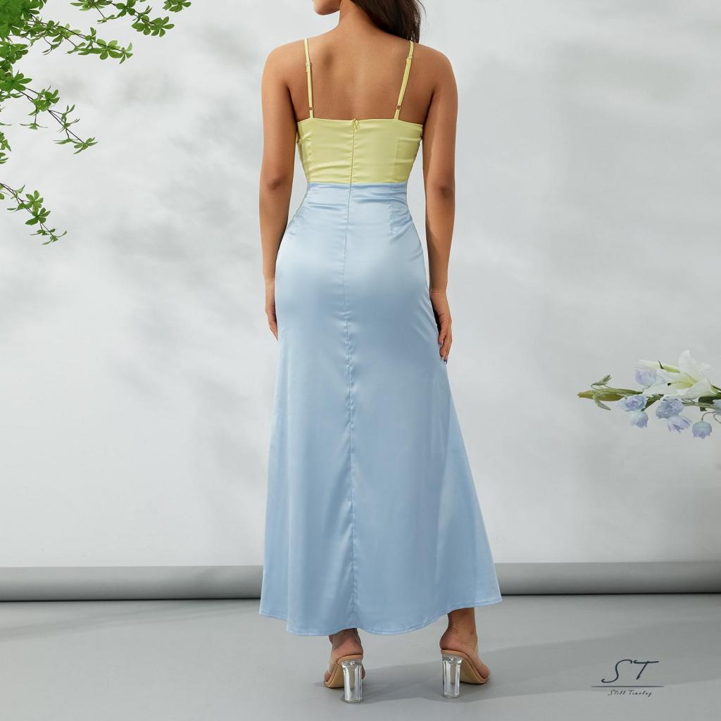 Đầm Dài Không Tay Cổ Chữ V Màu Sắc Tương Phản Thời Trang Mùa Hè Dành Cho Nữ CY03