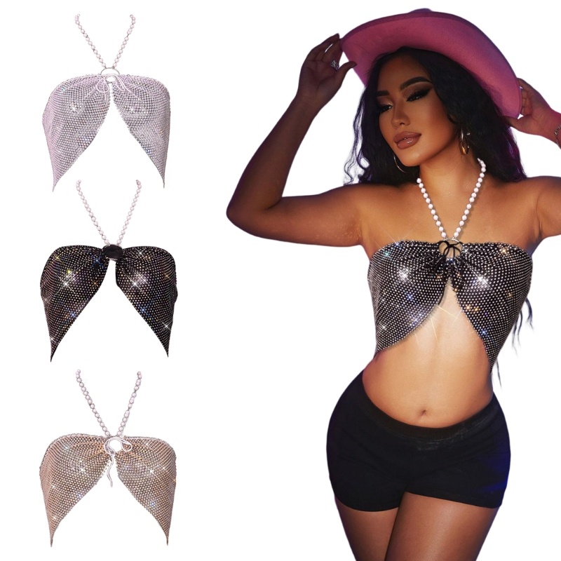 Áo Ngực Dây Xích Đính Ngọc Trai Kim Cương Giả Lấp Lánh Cho Nữ